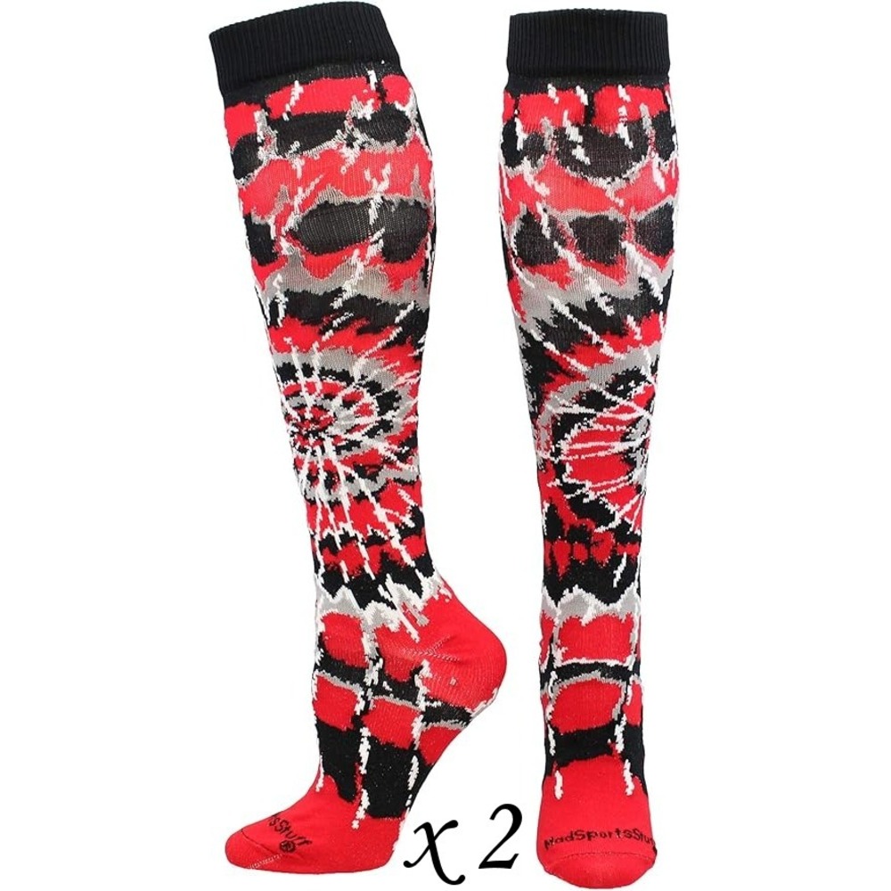 2 Pairs MadSportsStuff Over the Calf Softball‎ Socks - Tie Dye Red - Medium